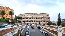 Sunset motion Timelapse (hyperlapse) of famous ancient Colosseum Amphitheater. Rome, Italy. April, 2016. Stock Footage