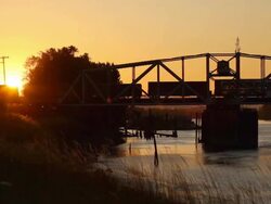 freight train crossing bridge at sunset Stock Footage