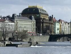 MS View of national theatre near bridge / Prague, Hlavni mesto Praha, Czech Republic Stock Footage