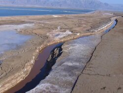 Aerial Dead Sea salt formations, Israel, southern Judea Desert Stock Footage