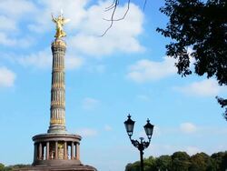 Berlin Germany Victory Tower Siegessaule in city center to honor Prussia victory in 1866 with gold called 'Golden Lizzy' Stock Footage
