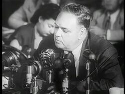 B/W 1949 close up Whittaker Chambers testifying for House Committee on Un-American Activities / newsreel Stock Footage