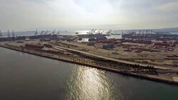Aerial California Ocean Shipping Yard Stock Footage