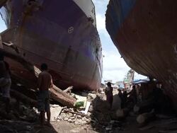 Typhoon Haiyan Huge Ship Washed Ashore By Storm Surge Stock Footage