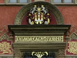 MS View of Coat of Arms on old town hall / Prague, Hlavni mesto Praha, Czech Republic Stock Footage