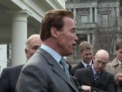 March 20, 2009 California Governor Arnold Schwarzennegger speaking to reporters about President Obama's Special Olympics remark on the Tonight Show / Outside White House, Washington, DC.  Stock Footage