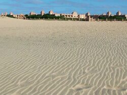 WS View of beach near Santa Maria with Hotel RIU Funana / Santa Maria, Sal, Cape Verde Stock Footage