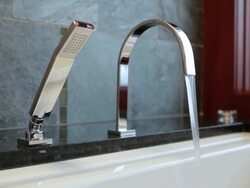 MS PAN Shot of bath water running in modern home / Lake Oswego, Oregon, United States Stock Footage