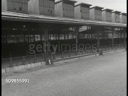 1946: FRANCE CATTLE MARKET: WS Empty cattle market, slaughter house. WS Cattle in market, slaughter house, French men. CU Sign 'Bestiaux, Boeufs, Vaches,' (Cattle, Oxen, Cow) numbers. Starvation, hunger. Instructional Video