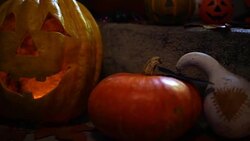 Halloween pumpkin decoration on stone stairs Stock Footage