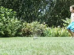 Boy jumping through water from garden sprinkler Stock Footage