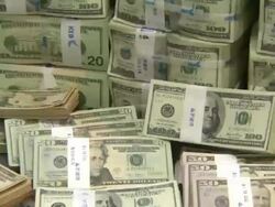 Shot of large group of stacking foreign exchange bundle in Korea Exchange Bank Stock Footage