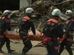 Destruction in Rikuzentakata, Iwate Prefecture, Japan on 2nd April 2011; after tsunami following Tohuku earthquake of March 2011. Stock Footage
