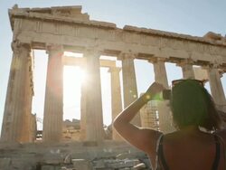 Woman taking picture to Parthenon Stock Footage