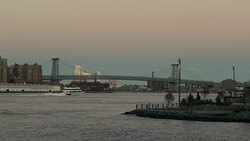 New York city. Boat sailing under bridge Stock Footage