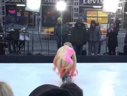 GMAâ€™s Sara Haines figure skating on the outside set of the Good Morning America show Stock Footage