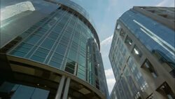 Sunlight reflects off skyscrapers in Frankfurt, Germany's bank district. Stock Footage
