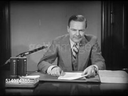 1952: AMBASSADOR TO UN: 'US Mission To United Nations' sign above door, MS US Ambassador Henry Cabot Lodge Jr. (1902-1985) sitting at desk, SOT saying his intention is to work under directive of Eisenhower, deterrent to war, hopes for time w/ no war. Instructional Video