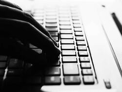 Typing fingers push white notebook Silhouette Stock Footage