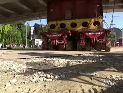 MS Shot of heavy goods transport at bridge construction / Wellen, river Moselle, Germany Stock Footage
