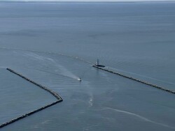 WS AERIAL Boat entering in coast area / Connecticut, United States Stock Footage