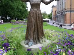Oslo, statue of Wenche Foss (1917-2011), outside Oslo's national theater Stock Footage