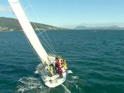 Brokenwood, the 54ft yacht sailed by Sailors with Disabilities in the 2009 Sydney to Hobart Yacht Race; Hobart. Skippered by David Pescud, Australia Stock Footage