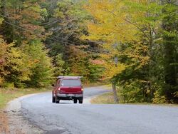 MS Shot of fall colors road with cars driving in fall foliage color in Northern New England / Bethel, Maine, United States Stock Footage