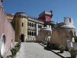 Sintra, Pena National Palace, view of the main road and the Queen's terrace Stock Footage
