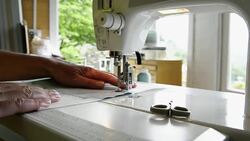 Woman dewing on machine Stock Footage
