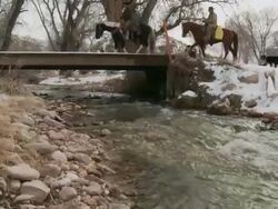 TU Cowboys and cowgirl on horseback walking across bridge over stream / Shell, Wyoming, United States Stock Footage