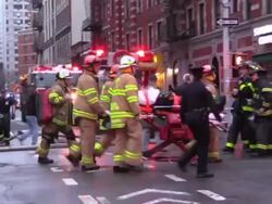 FDNY Firefighters, Hook and Ladder, Stretcher, Dusk, East Village Building Collapse (1 of 3) Stock Footage