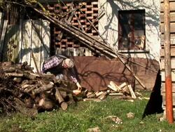 HD: Old Man Axing Wood Stock Footage