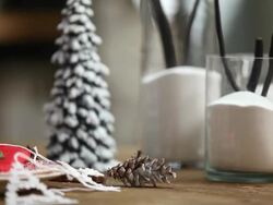 MS R/F TD Shot of Christmas Ornament and Cookies put on Dagwasang Table / Seoul, South Korea Stock Footage