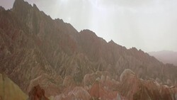 View of rainbow mountains in Zhangye Danxia Landform, China Stock Footage