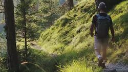 Slow-motion senior man trail hiking in the forest Stock Footage