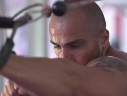 Man doing standing alternating cable chest press and  CrossFit workout at the gym.  - Slow Motion - 1920x1080 - filmed at 200 fps Stock Footage