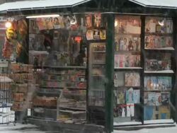 WS View of Magazine newsstand in snow / New York City, New York, USA  Stock Footage