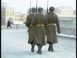 MS 3 soldiers goose-stepping away from camera, winter, Moscow Stock Footage