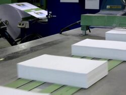 MS Paper products passing on conveyor belt in paper mill / Glueckstadt, Schleswig-Holstein, Germany Stock Footage