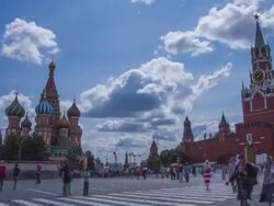 TL The Red Square, view of the Spasskaya Tower and St. Basil's Cathedral / Russia, Moscow Stock Footage