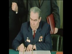 SYND 17 7 76 BREZHNEV SIGNS NEW STOCKHOLM APPEAL News Clip