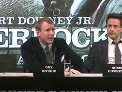 INTERVIEW Guy Ritchie on the aesthetic of the movie and Lionel Wigram on the BBC Holmes adaptation at the Sherlock Holmes Game of Shadows press conference at One Mayfair on 12th December 2011 in London, UK Stock Footage