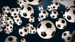 Soccer balls float past a blue, liquid-like background. Stock Footage