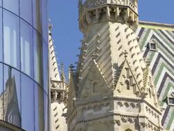 Vienna Cathedral and Modern Glass Facade PAN Stock Footage