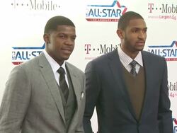 Joe Johnson (L) and Al Horford at the T-Mobile Magenta Carpet At The 2011 NBA All-Star Game at Los Angeles CA. (Footage by WireImage Video/GettyImages) Stock Footage