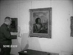 1952: NEW YORK: HA Angled WS Brooklyn Museum. MUSEUM GALLERY: VS Unidentified man looking at Dutch Golden Age painter Frans Hals (1580-1666) framed painting 'Fisher Girl' on wall, MS 'Fisher Girl' (1630-32).   Art, Masters, (Additional Clearances) Instructional Video