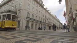 Lisbon Tram Bus through Town Stock Footage