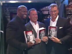 Terry Crews, Arnold Schwarzenegger, Dolph Lundgren at Arnold Schwarzenegger celebrates the launch of his autobiography, TOTAL RECALL with a party at LA's Mixology101 on 10/5/12 in Los Angeles, CA. Stock Footage