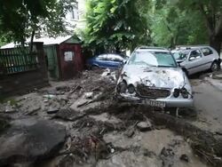 Houses, streets and cars destroyed after heavy rains in Varna Bulgaria Stock Footage